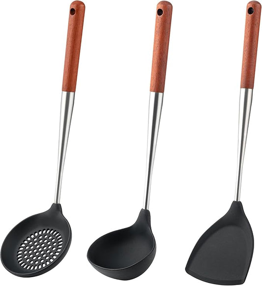 FJNATINH Silicone Spatula - Ladle - Skimmer Wok Tool Set,Stainless Steel Non Stick Heat-Resistant Cooking Utensils BPA Free Kitchen Utensils Cookware with Wooden Handle, Pack of 3
