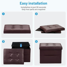 Storage Ottoman Foot Rest Stool, Small Leather Storage Ottomans Bench, Folding Footstool with Side Pockets, Foot Rest Under Desk for Living Room Bedroom, 17x13x13 in, Brown