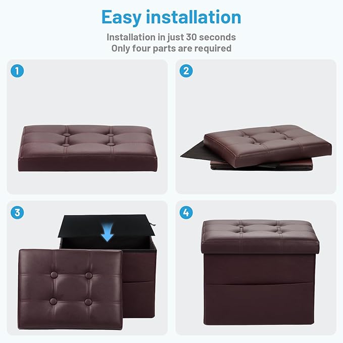 Storage Ottoman Foot Rest Stool, Small Leather Storage Ottomans Bench, Folding Footstool with Side Pockets, Foot Rest Under Desk for Living Room Bedroom, 17x13x13 in, Brown