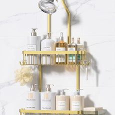 YASONIC Shower Caddy Hanging, Never Rust Shower Organizer Hanging, Aluminum Shower Racks for Inside Shower with Hooks for Razor, Bathroom Organizers and Storage with Soap Holder, Gold