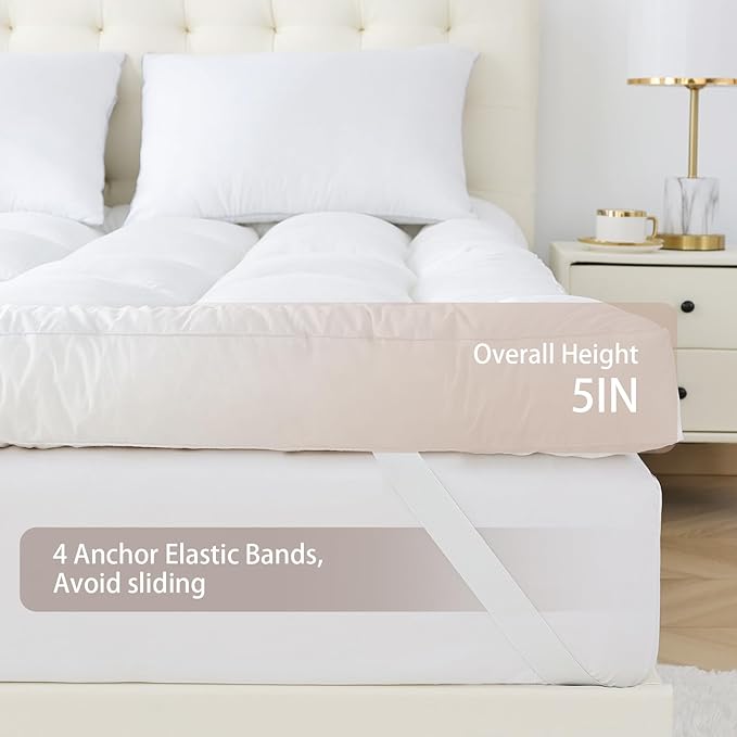 WhatsBedding 5 Inch Memory Foam Mattress Topper King Size, Plus Thicked Down Alternative-Lined, Breathable Fluffy Shredded Memory Foam Filled Pillow Top, 4 Anchor Elastic Bands, 80x78x5 Inch