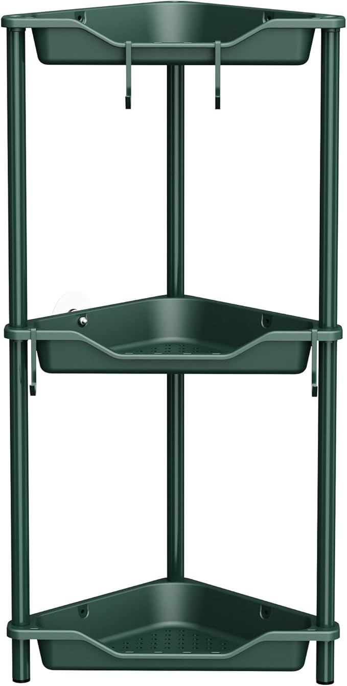 Orimade Rustproof 3 Tier Floor Standing Corner Shower Caddy Organizer, Plastic Metal Splicing Floor Corner Shelf Rack Stands for Bathroom, Dark Green