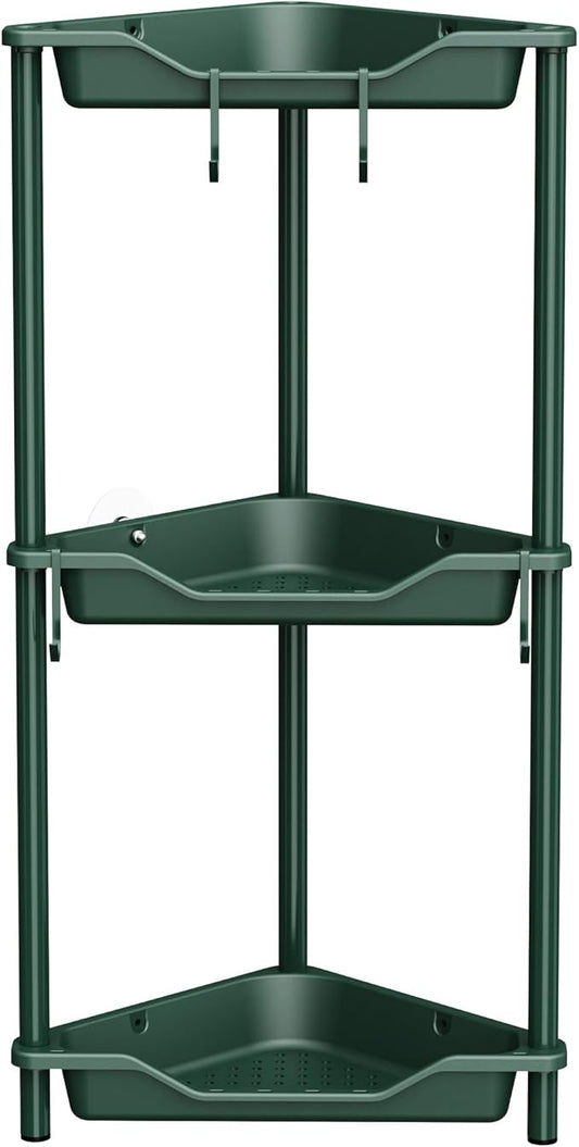 Orimade Rustproof 3 Tier Floor Standing Corner Shower Caddy Organizer, Plastic Metal Splicing Floor Corner Shelf Rack Stands for Bathroom, Dark Green