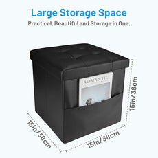 Storage Ottoman Foot Rest Stool, Small Leather Storage Ottomans Bench, Folding Footstool with Side Pockets, Foot Rest Under Desk for Living Room Bedroom, 15x15x15 in, Black