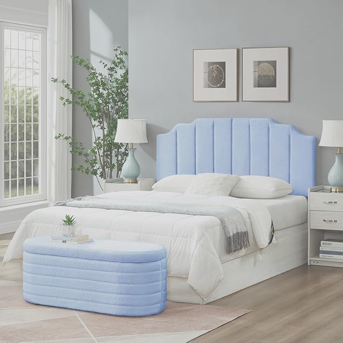 24KF Light Blue Teddy Fabric Tufted for Queen Upholstered Headboard, Modern Vertical Channel Design Full Headboard with Stepped Silhouette Top Edge,6026-Q-Teddy Light Blue