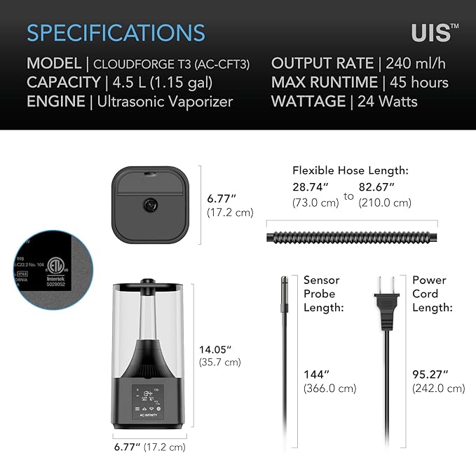 AC Infinity CLOUDFORGE T3, Plant Humidifier 4.5L with VPD Humidity Controls, 10-Level Precision Vaporizer, Extendable Targeting Hose and No-Leak Seal for Grow Tents