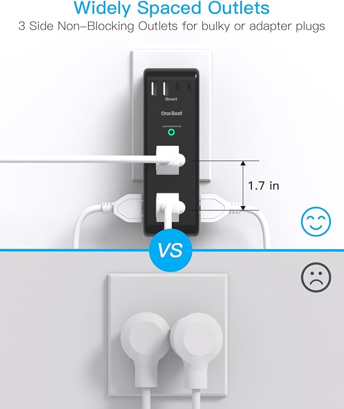 Surge Protector Outlet Extender - with Rotating Plug, 6 AC Multi Plug Outlet with 4 USB Ports (2 USB C), 1800 Joules, 3-Sided Swivel Power Strip with Spaced Outlet Splitter for Dorm, Office, Black