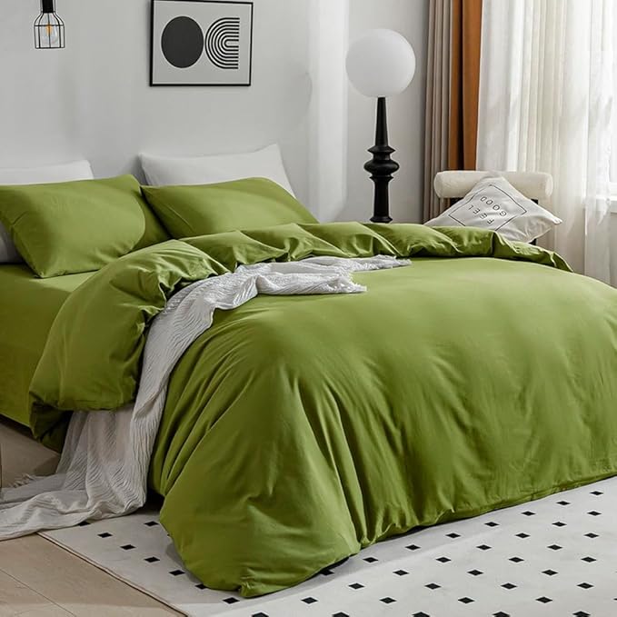 JELLYMONI Christams King Size - 100% Washed Cotton Linen Like Textured Comforter Cover, 3 Pieces Breathable Soft Bedding Set with Zipper Closure (Avocado Green, King 104"x90")