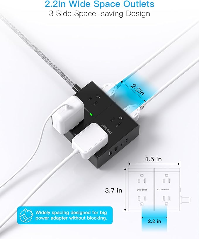 Surge Protector Power Strip 25 Ft Cord, Ultra Thin Flat Extension Cord with 8 Outlets 4 USB Ports(2 USB C), Flat Plug Power Strip, 25 Ft Long Braided Power Cord for College Dorm Room Essentials-BK