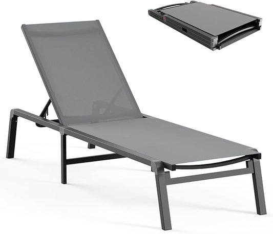 Aluminum Chaise Lounge Ourdoor - Foldable & Assemble Free Outdoor Lounge Chair with 5 Adjustable Backrest, Patio Lounge Chair for Outside Poolside Beach Pool, Grey
