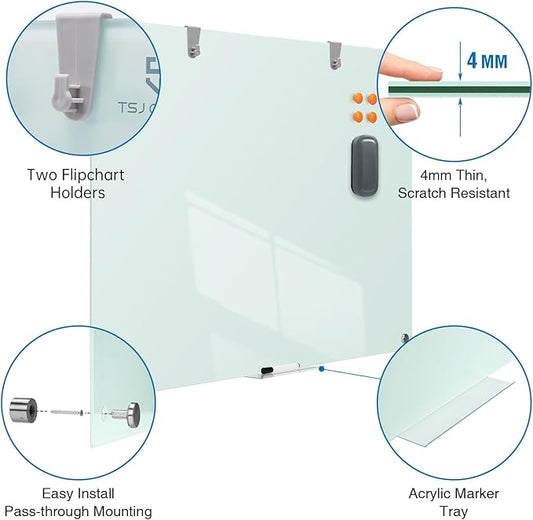 TSJ OFFICE Glass Dry-Erase Board - 48 x 32 Inches Wall Mounted Glass Magnetic Whiteboard, Large Frameless White Board for Office, Home & School