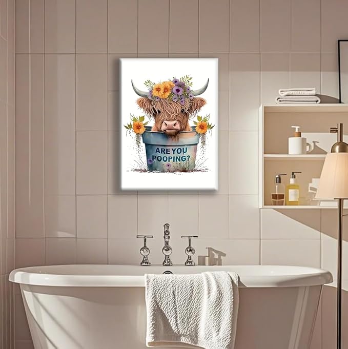 Jatinoo Highland Cow Decor Are You Pooping?Funny Bathroom Wall Art, Apartment Or Farmhouse Bathroom Decor Western & Highland Cow Lovers