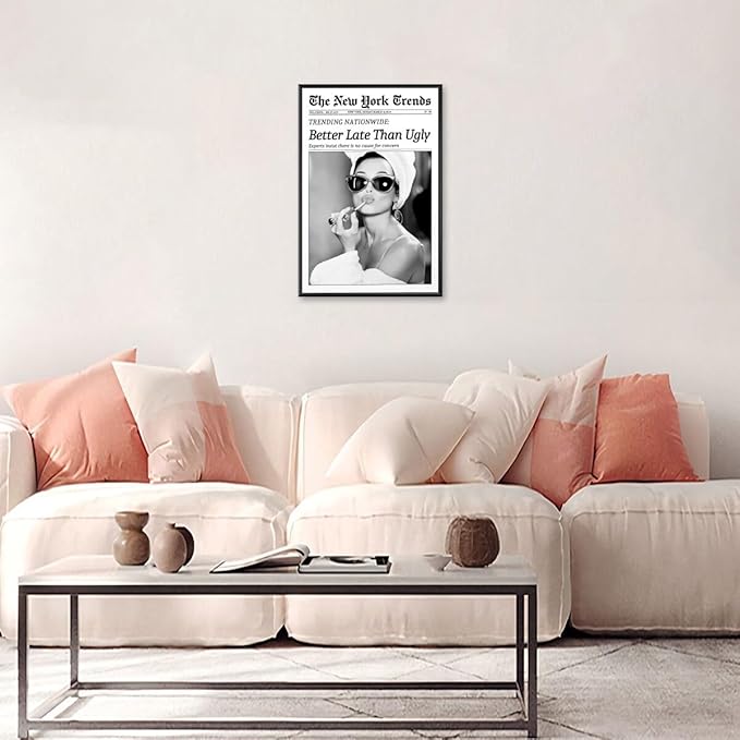 New York Trends Wall Art Black and White Newspaper Better Late Than Ugly Poster Canvas Prints Funky Feminist Posters Trendy College Wall Decor for Bar Cart Girl Dorm Room Bathroom Decorative 16x24inch black framed