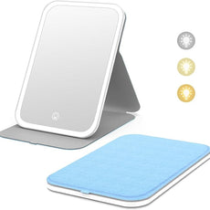 Kintion Travel Makeup Mirror, Portable LED Lighted Makeup Mirror, 360° Rotation Touch Screen Vanity Mirror, 60 LEDs, 3-Color Dimmable Lighting, Rechargeable Tabletop Folding Cosmetic Mirror, Blue