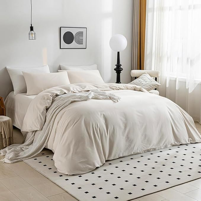 JELLYMONI Beige Duvet Cover King Size - 100% Washed Cotton Linen Like Textured Comforter Cover, 3 Pieces Breathable Soft Bedding Set with Zipper Closure (Beige, King 104"x90")