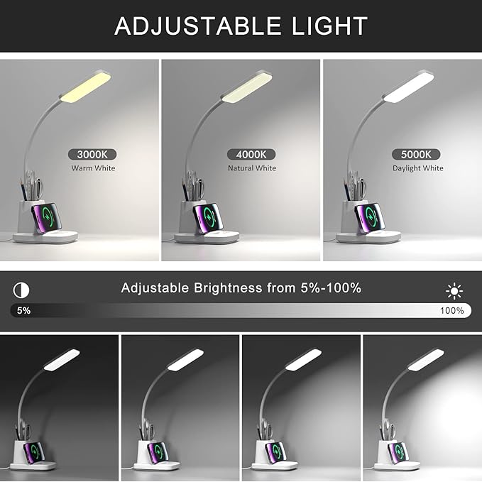 Desk Lamp with Wireless Charger - LED Desk Lamps for Home Office with Pen Holder, 800LM, 3 Color Modes, Flexible Arm, Eye-Caring White Table Lamps for Home College Dorm Room Christmas Gifts