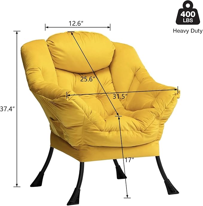 HollyHOME Lazy Chair with Armrest and Side Pocket, Comfy Accent Lounge Chair,Leisure Sofa Armchair for Living Room, Bedroom, Dorm, or Small Spaces, Oversized Reading Sofa Chair,Velvet Yellow