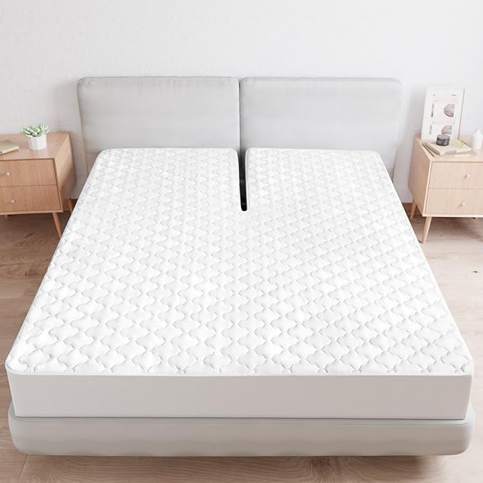 Split Top King Mattress Pad Waterproof Protector, Quilted Mattress Cover Fitted for Adjustable Bed 32"-34" Top Split from Head, Deep Pocket Mattress Protector Up to 18", White (Cover Only)
