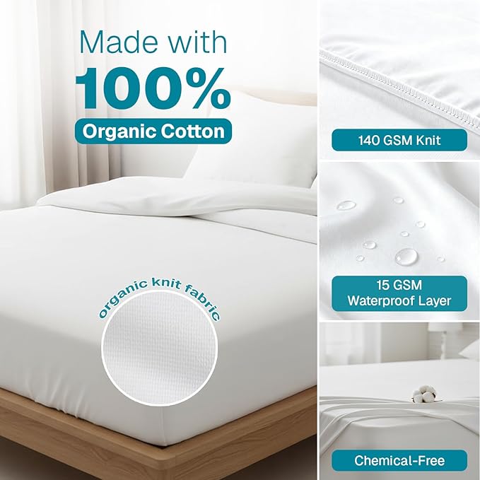 FABDREAMS Organic Waterproof Mattress Protector Full Size | Mattress Cover | Mattress Encasement | Fits up to 17" Deep Pocket | Temperature Regulating | Breathable | White