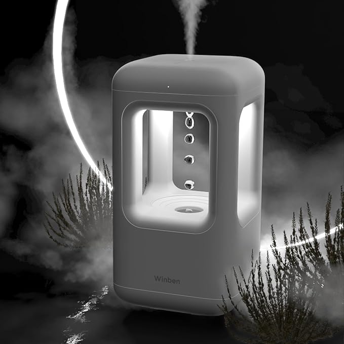 600ml Small Humidifier White - with Anti Gravity Water Flow Visual Effect, Provides Even Humidity for Indoor Plants, Bedroom & Desk, Quiet Portable Operation