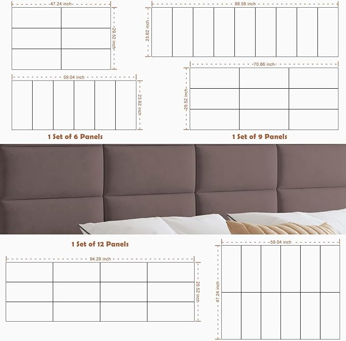 IFNOW Wall Mounted Upholstered Headboard Full, 3D Peel and Stick Soundproof Panels, Reusable and Removable Padded Leather Bed Headboard, 6 Panels 9.84" x 23.62", Dark Skin