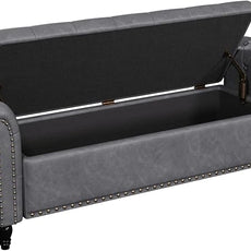 65 Inch Bedroom Bench, End of Bed Bench with Storage, Bed Benches for Foot of Bed, Faux Leather Window Bench with Tufted Button and Nailhead Trim, Upholstered Storage Bench with Rolled Arms, Gray
