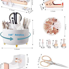 Desk Organizers and Accessories Set with 360-Degree Rotating Pen Holder, Acrylic Stapler, Tape Holder, Staple Remover, Binder/Paper Clips Kit, Scissor and 1 Box of Staples