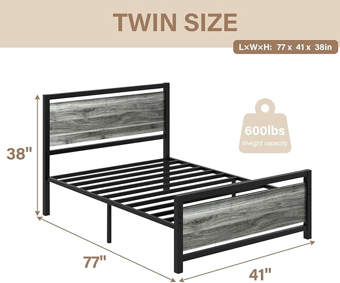 Twin Bed Frames with Headboard, Industrial Style Twin Bed Frame, Twin Size Bed Frames with Wooden Footboard, No Box Spring Needed, Noise-Free, Easy Assembly, Wash Grey