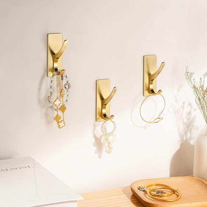 pickpiff 13 LB Self Adhesive Coat Hooks for Hanging: Heavy Duty Stainless Double Wall Hook for Towel, Backpack, Hat, Sturdy Metal Hanger for Bathroom, Bedroom, Door, Wall Mounted, 4-Pack, Brushed Gold