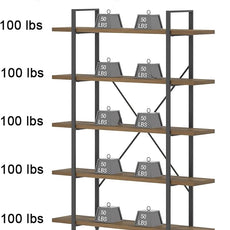 HSH Industrial Wood and Metal 5 Tier Bookshelf, Large Tall Open Rustic Wide Etagere Bookcase, Vintage Farmhouse Modern Wooden Big Book Shelf for Home Living Room Bedroom Office Storage, Rustic Oak