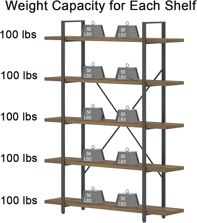 HSH Industrial Wood and Metal 5 Tier Bookshelf, Large Tall Open Rustic Wide Etagere Bookcase, Vintage Farmhouse Modern Wooden Big Book Shelf for Home Living Room Bedroom Office Storage, Rustic Oak