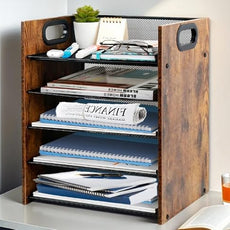 Wood Desk Organizer - 5-Tier Desktop File Organizer, Wooden Paper Tray, Office Desk Organzier and Accessories for Papers, Mail, Notebooks, Stationery