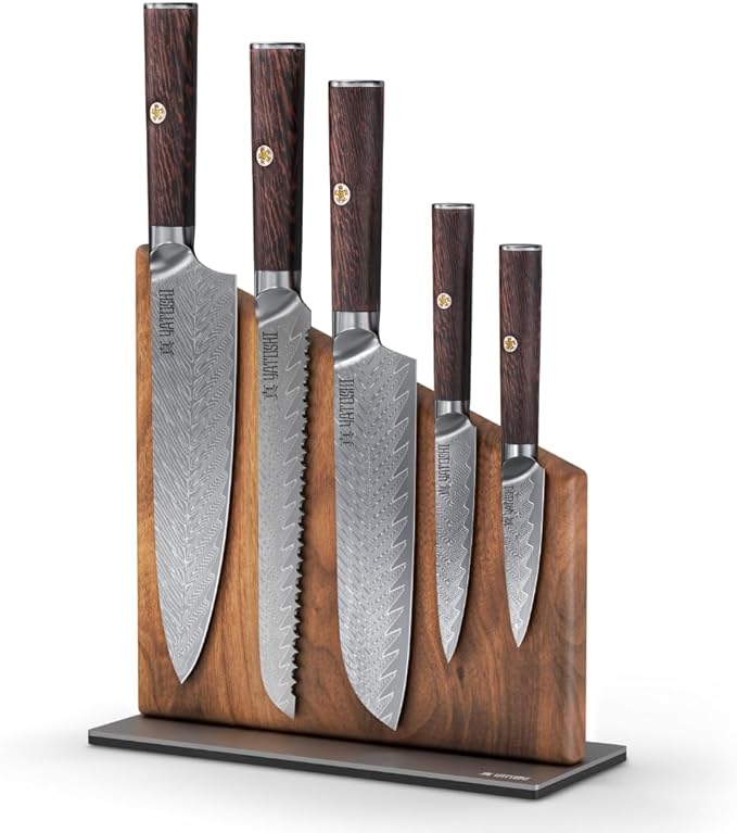 Yatoshi Knives Magnetic Kitchen Knife Block Set - Japanese 67 Layer High-Grade VG-10 Steel Knives, Sharp, G10 Handle Professional Kitchen Knife Set - Damascus (6 pieces), Brown Pakkawood Handles