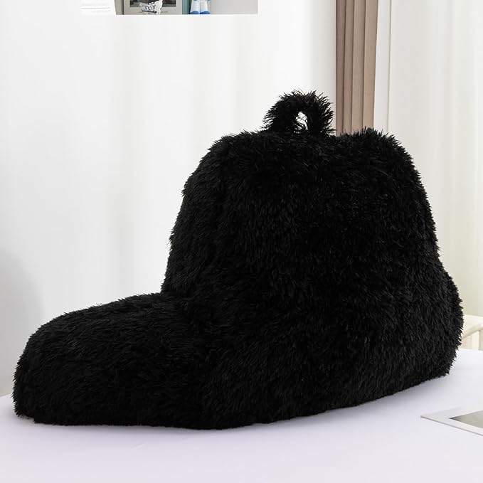 A Nice Night Faux Fur Reading Pillow Bed Wedge for Adult Backrest with Arms Back Support for Sitting Up for Bedrest,Black,Large