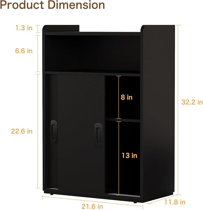 Adjustable Storage Cabinet with Sliding Doors, Multi-Functional Organizer with 2-Tier Shelves (Black)