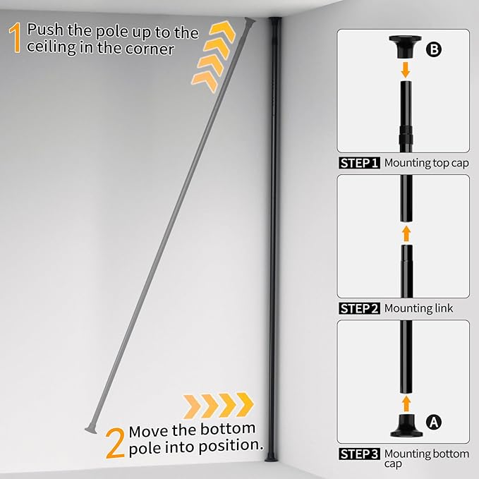 Corner Shower Caddy Tension Pole, 4 Tiers Rotating Shower Organizer for Bathroom Shelf Bathtub, Adjustable Standing Shower Rack Bathroom Accessories, Easily Assemble, 34-124 Inch Height,Black