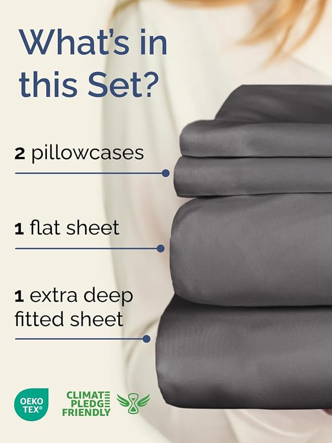 Extra Deep Pocket Queen Sheet Set - 4 Piece Breathable & Cooling Bed Sheets - Hotel Luxury Sheet Set - Soft, Wrinkle Free and Comfy - Easily Fits Extra Deep Mattresses - Deep Pocket Dark Grey Sheets