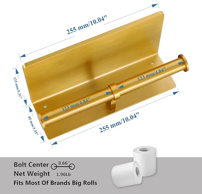 Double Toilet Paper Holder with Shelf, Commercial Toilet Paper Roll Dispenser Wall Mount with Cell Phone Storage Rack, Aluminium Fits Mega Roll Dual Toilet Paper Tissue Holder Brushed Gold