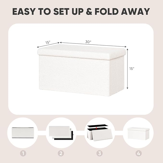PINPLUS Folding Storage Ottoman Bench, Sherpa Ottoman with Storage, Large Long Shoes Bench Chest with Lid, Footrest for Living Room, Entryway, White 30'' x 15'' x 15''