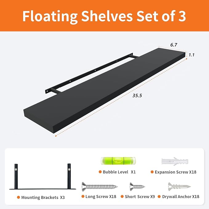 Floating Shelves for Wall Set of 3, 36" Black Wall Shelves for Home Decor, Frame Display Black Floating Shelf for Living Room, Bedroom, Bathroom, Kitchen
