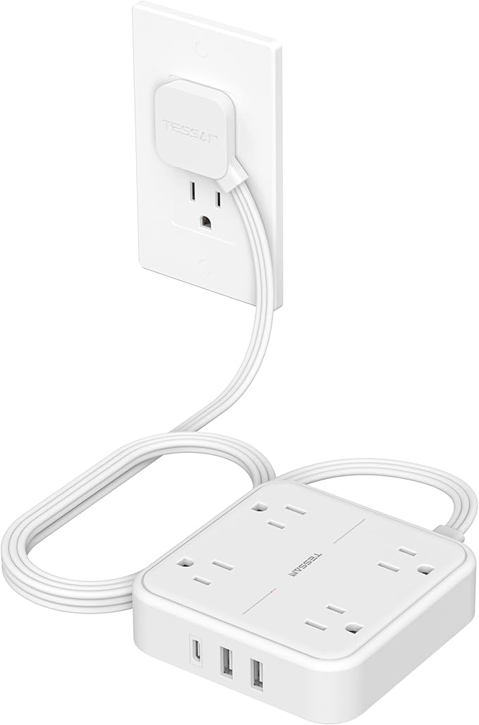Surge Protector Flat Extension Cord 5FT, TESSAN Flat Plug Power Strip with 4 Outlets 3 USB C Ports (1 USB C), 900 Joules Protection, Multiple Wall Outlet Extender Suitable for Home Office Dorm, White