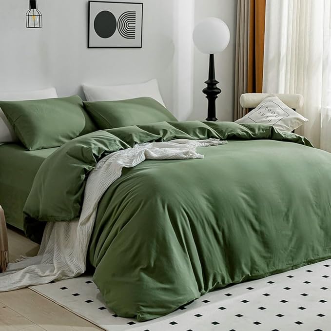 JELLYMONI Green Duvet Cover California King - 100% Washed Cotton Linen Like Textured Comforter Cover, 3 Pieces Breathable Soft Bedding Set with Zipper Closure (Green,Cal King 104"x98")