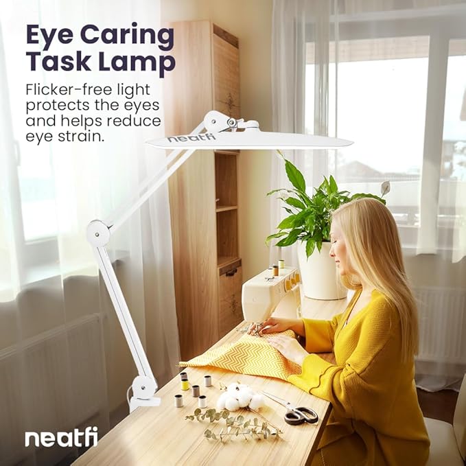 Neatfi XL 2,200 Lumens LED Desk Lamp with Clamp, 24W Bright Architect Task Lamp, 20 Inches Dimmable Computer Light, Adjustable Desk Light for Home, Office, Crafts, Nails & Hobbies (Non-CCT, White)