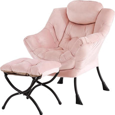 Tiita Lazy Chair with Ottoman, Modern Large Accent Lounge Armchair, Comfy Leisure Sofa Reading Chair with Footrest for Bedroom, Living Room, Dorm Rooms, Garden and Courtyard, Velvet Pink