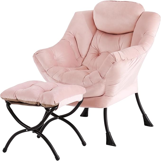 Tiita Lazy Chair with Ottoman, Modern Large Accent Lounge Armchair, Comfy Leisure Sofa Reading Chair with Footrest for Bedroom, Living Room, Dorm Rooms, Garden and Courtyard, Velvet Pink