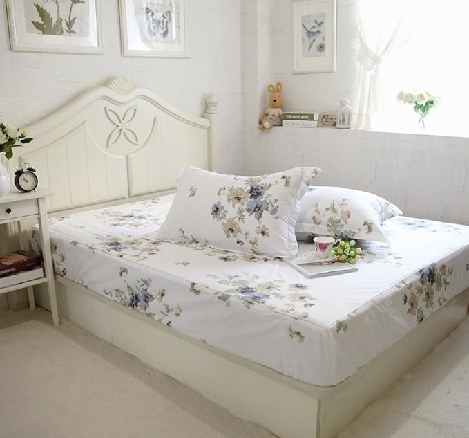 FADFAY 4-Piece Shabby White Floral Bed Sheet Set Cotton Bed Sheets, King
