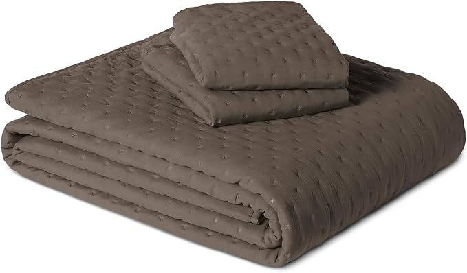 Amazon Basics Brushed Microfiber Quilt Set, Extra Soft with Natural Texture, 3-Piece,Queen/Full, Brown