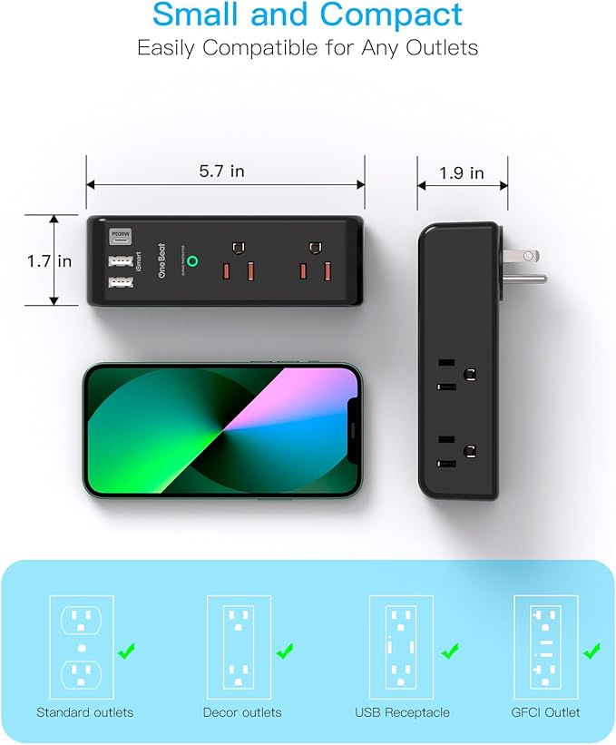 PD 20W Surge Protector Outlet Extender, Rotating Plug, One Beat 6 AC Multi Plug Outlet with 3 USB Ports (1 USB C), 1800J 3-Sided Swivel Power Strip Spaced Outlet Splitter for Home Office Dorm - Black