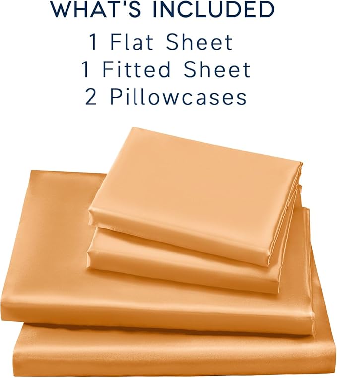 Satin Sheets Full Size - 4 Pieces Luxury Silky Soft Bed Sheets, Wrinkle-Free Gold Satin Silk Sheet Set with 1 Deep Pocket Fitted Sheet, 1 Flat Sheet, 2 Pillow Cases