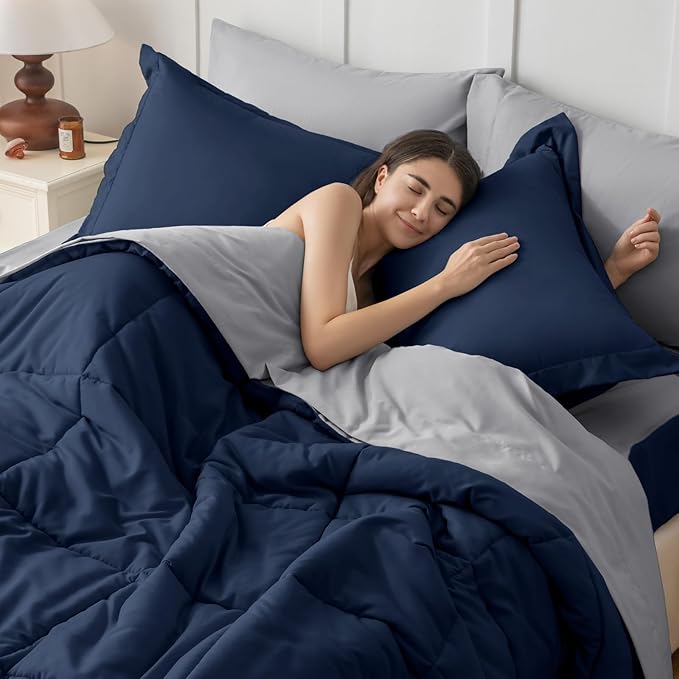 JOLLYVOGUE Twin Comforter Set, Ultra-Soft Bed in a Bag Twin Size 5 Pieces, Oeko-TEX Certified Bedding Set with Down Alternative Comforter, Sheets, Pillowcases & Shams, Navy Blue & Light Grey